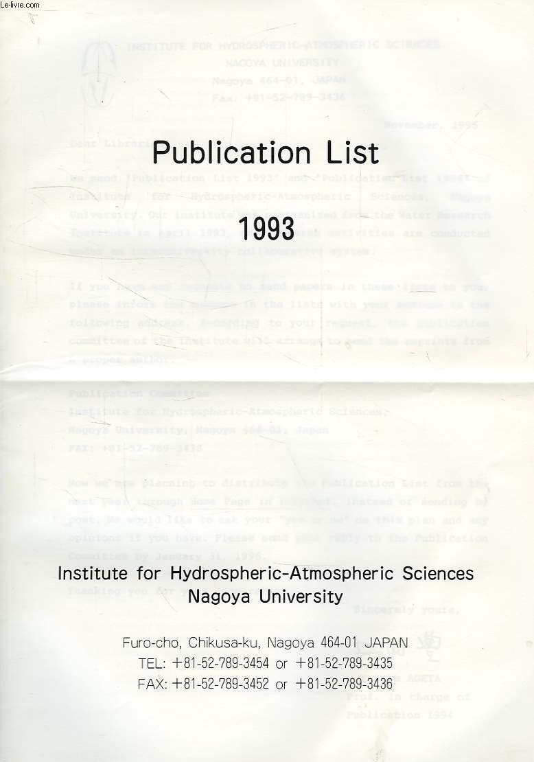 IHAS, NAGOYA UNIVERSITY, PUBLICATION LIST, 1993