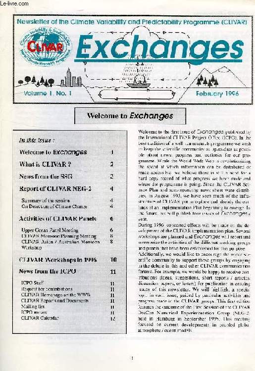 EXCHANGES, VOL. 1, N 1, FEB. 1996, NEWSLETTER OF THE CLIMATE VARIABILITY AND PREDICTABILITY PROGRAMME (CLIVAR)