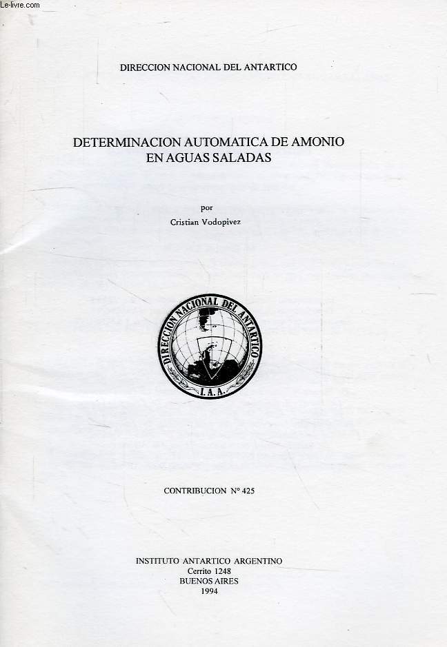DIRECCION NACIONAL DEL ANTARTICO, CONTRIBUCION N 425, DETERMINACION AUTOMATICA DE AMONIO EN AGUAS SALADAS