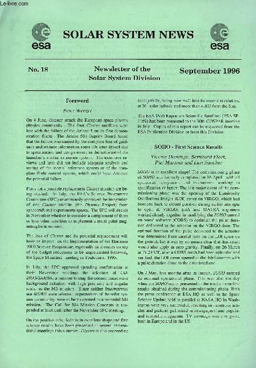SOLAR SYSTEM NEWS, NEWSLETTER OF THE SOLAR SYSTEM DIVISION, N 18, SEPT. 1996