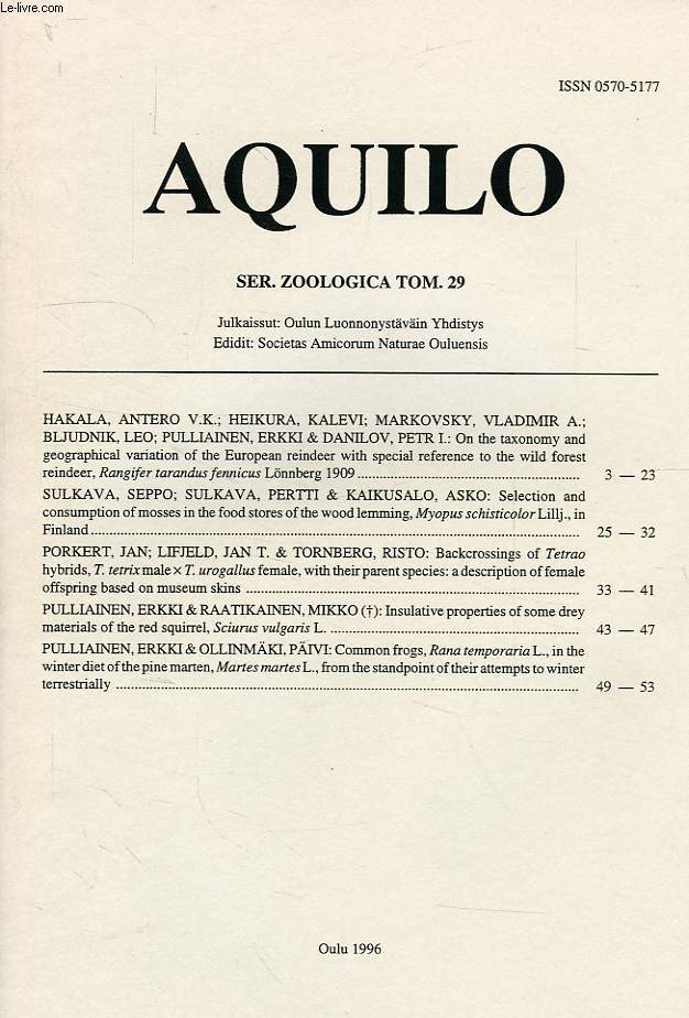 AQUILO, SER. ZOOLOGICA TOM. 29, 1996