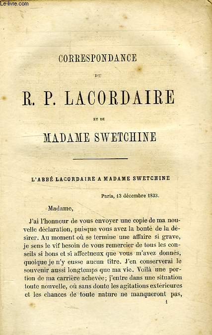 CORRESPONDANCE DU R.P. LACORDAIRE ET DE MADAME SWETCHINE