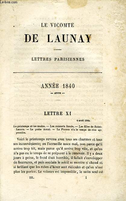 LE VICOMTE DE LAUNAY, LETTRES PARISIENNES, TOME III