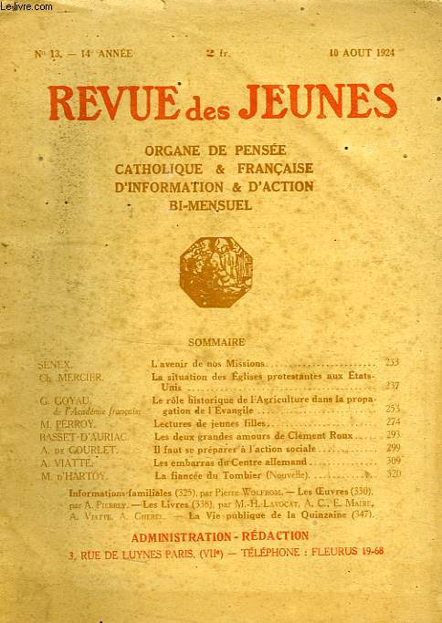 REVUE DES JEUNES, N 13, 14e ANNEE, AOUT 1924