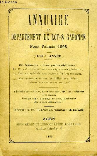 ANNUAIRE DU DEPARTEMENT DE LOT-ET-GARONNE, POUR L'ANNEE 1898 (108e ANNEE).