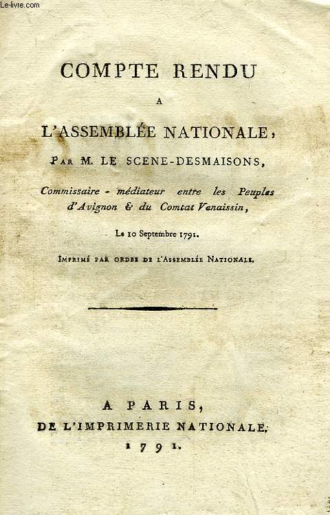 COMPTE-RENDU A L'ASSEMBLEE NATIONALE, LE 10 SEPTEMBRE 1791 (INCOMPLET)
