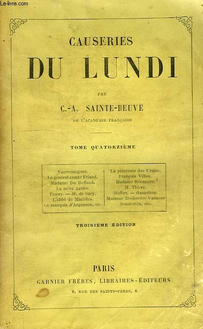 CAUSERIES DU LUNDI, TOME XIV