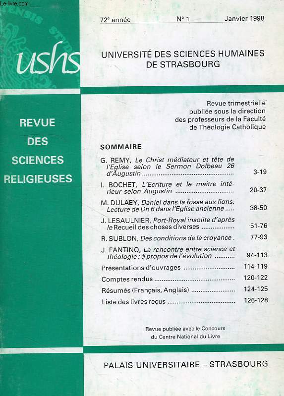 REVUE DES SCIENCES RELIGIEUSES, 72e ANNEE, N 1, JAN. 1998