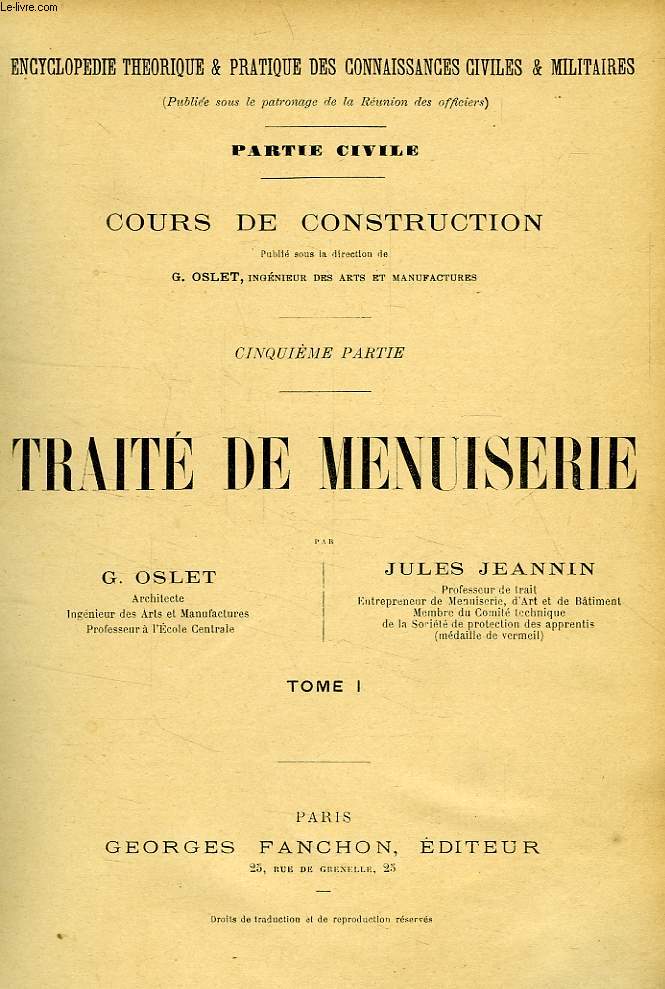 COURS DE CONSTRUCTION, 5e PARTIE, TRAITE DE MENUISERIE, TOME I
