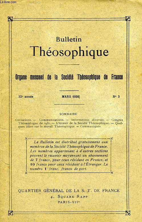 BULLETIN THEOSOPHIQUE, 32e ANNEE, N 3, MARS 1931