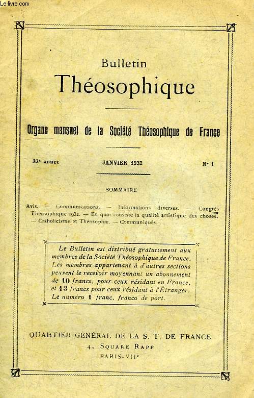 BULLETIN THEOSOPHIQUE, 33e ANNEE, N 1, JAN. 1932