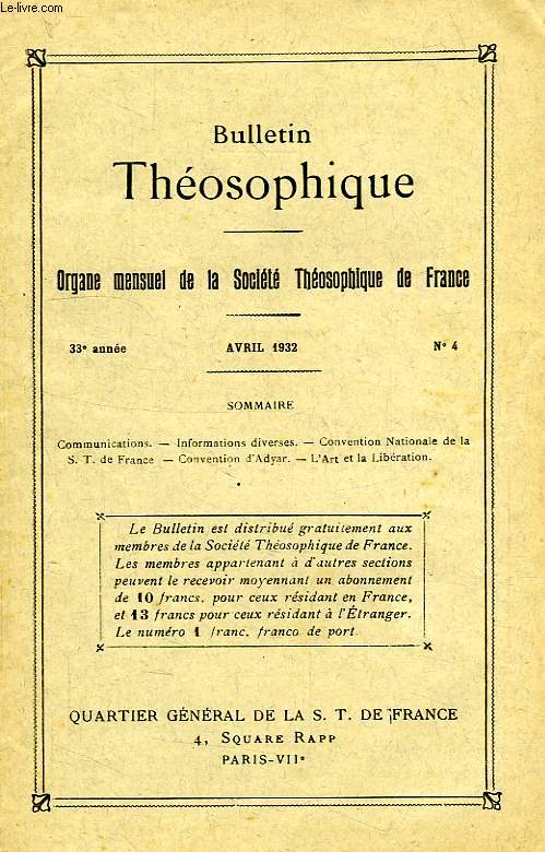 BULLETIN THEOSOPHIQUE, 33e ANNEE, N 4, AVRIL 1932