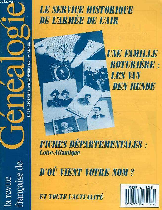 LA REVUE FRANCAISE DE GENEALOGIE, N 59, DEC.-JAN. 1988-1989