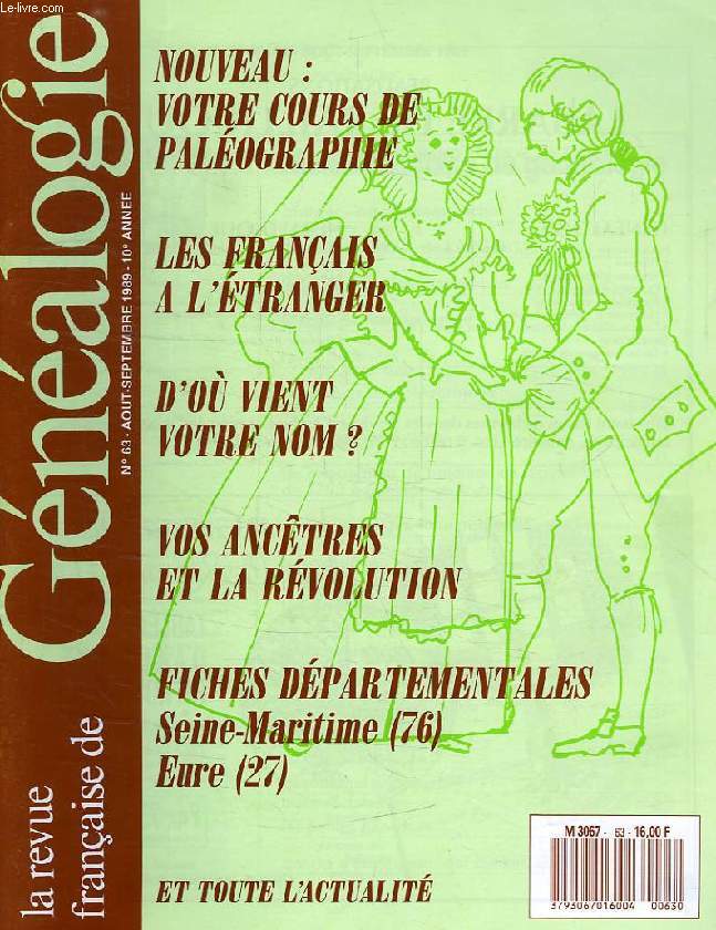 LA REVUE FRANCAISE DE GENEALOGIE, N 63, AOUT-SEPT 1989