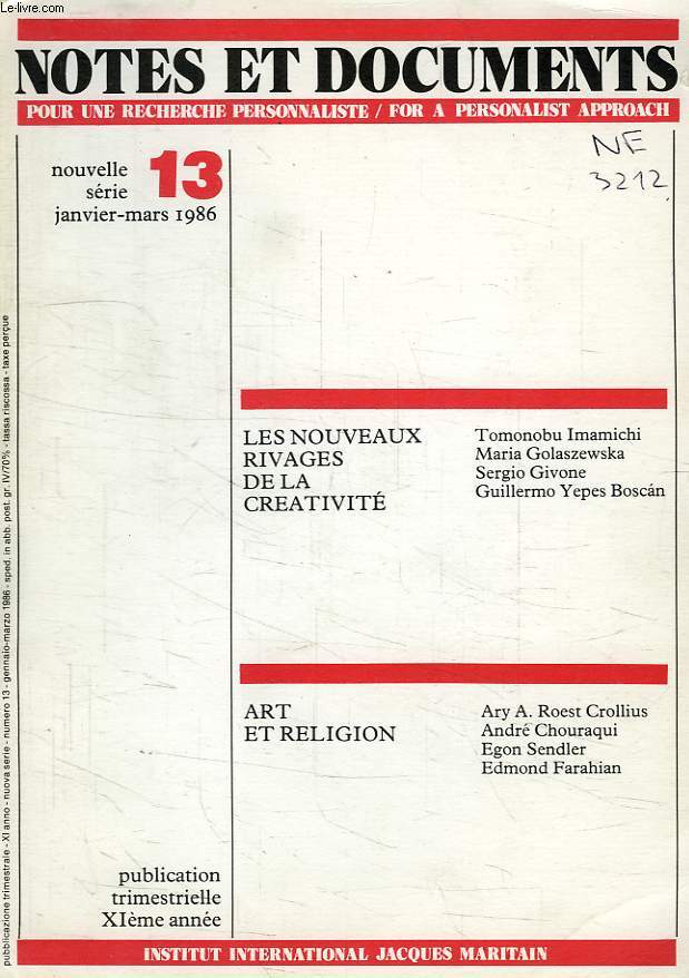 NOTES ET DOCUMENTS, INSTITUT NATIONAL J. MARITAIN, NOUVELLE SERIE, N 13, JAN.-MARS 1986