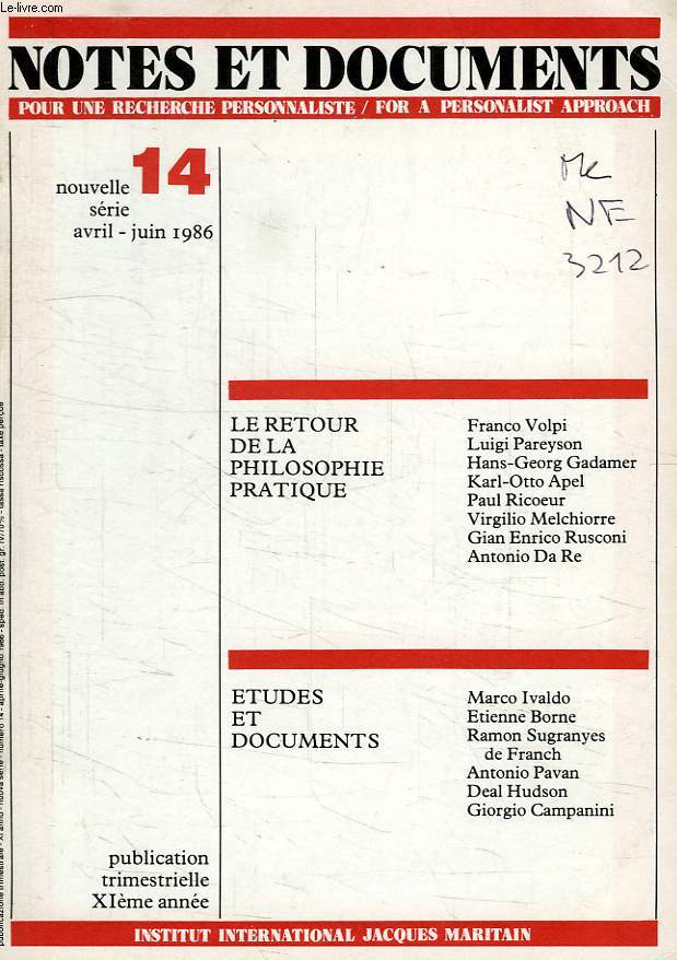 NOTES ET DOCUMENTS, INSTITUT NATIONAL J. MARITAIN, NOUVELLE SERIE, N 14, AVRIL-JUIN 1986