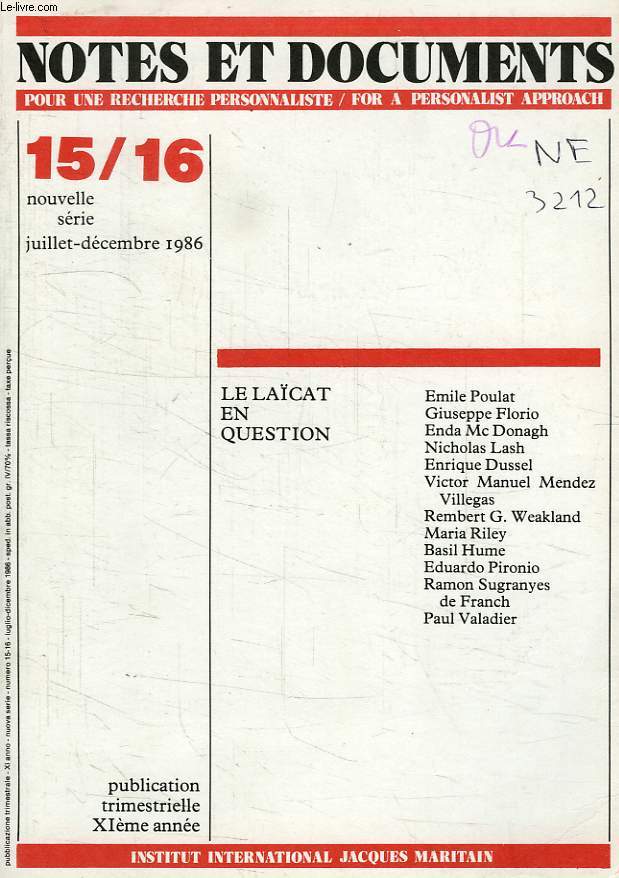 NOTES ET DOCUMENTS, INSTITUT NATIONAL J. MARITAIN, NOUVELLE SERIE, N 15-16, JUILLET-DEC. 1986