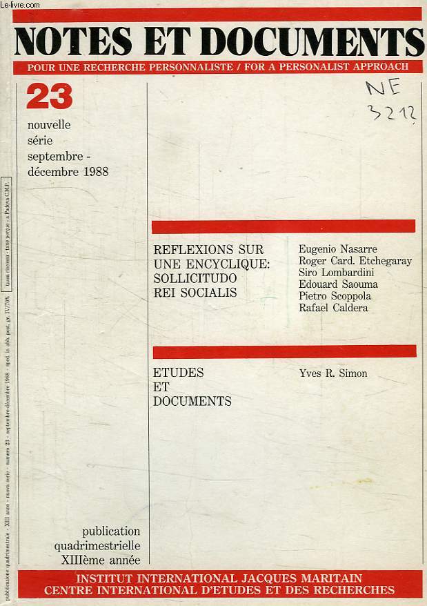NOTES ET DOCUMENTS, INSTITUT NATIONAL J. MARITAIN, NOUVELLE SERIE, N 23, SEPT.-DEC. 1988