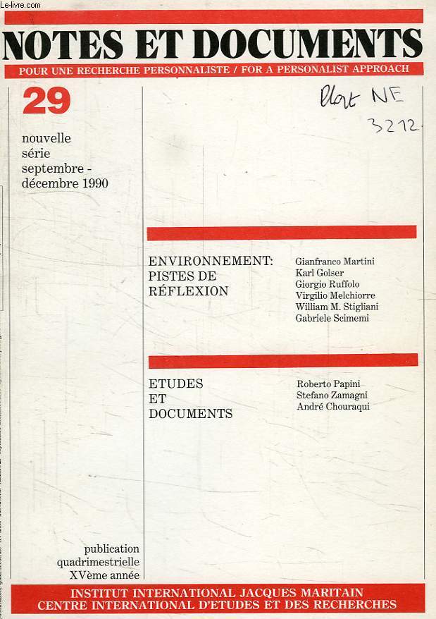 NOTES ET DOCUMENTS, INSTITUT NATIONAL J. MARITAIN, NOUVELLE SERIE, N 29, SEPT.-DEC. 1990