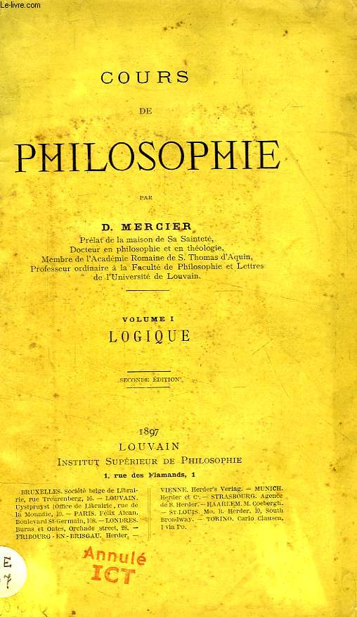 COURS DE PHILOSOPHIE, VOLUME I, LOGIQUE