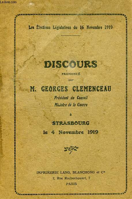 DISCOURS PRONONCE A STRASBOURG LE 4 NOVEMBRE 1919