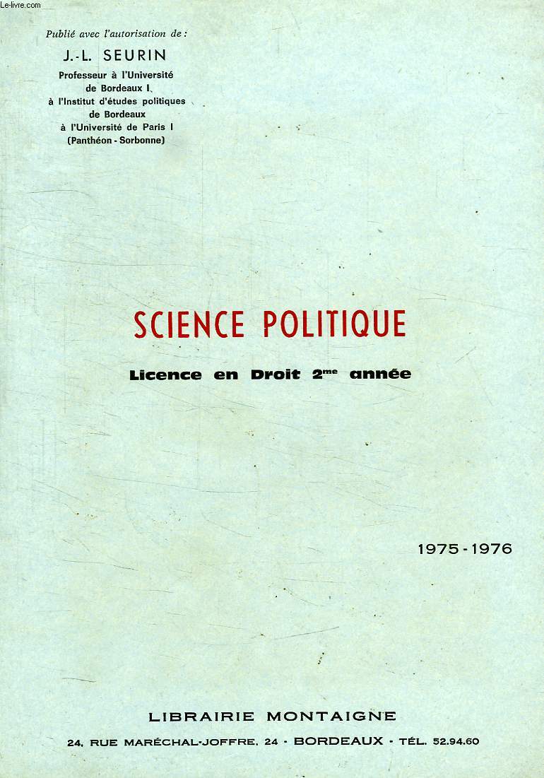 SCIENCE POLITIQUE, LICENCE EN DROIT 2e ANNEE, 1975-1976