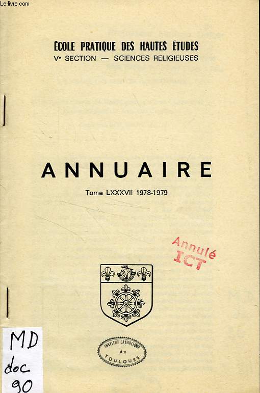 ANNUAIRE, TOME LXXXVII, 1978-1979, RELIGIONS DES SEMITES OCCIDENTAUX
