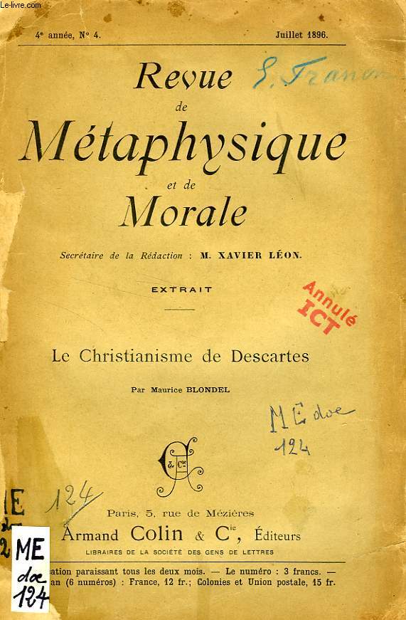 REVUE DE METAPHYSIQUE ET DE MORALE, 4e ANNEE, N 4, JUILLET 1896, EXTRAIT, LE CHRISTIANISME DE DESCARTES