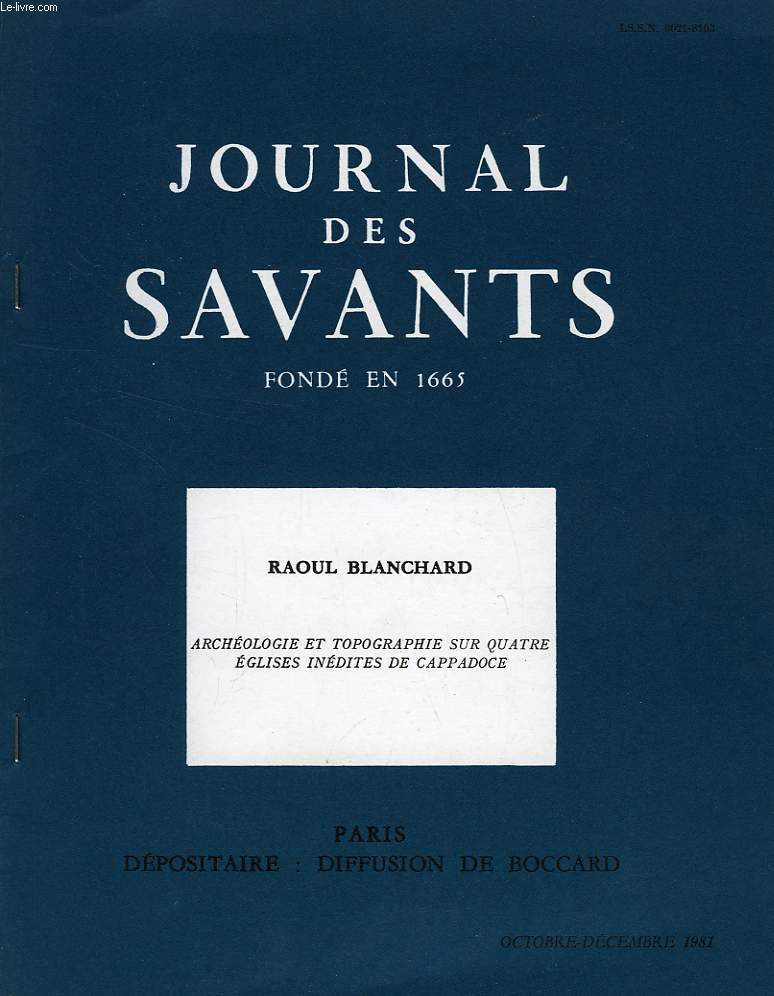 JOURNAL DES SAVANTS, OC.-DEC. 1981, ARCHEOLOGIE ET TOPOGRAPHIE SUR QUATRE EGLISES INEDITES DE CAPPADOCE