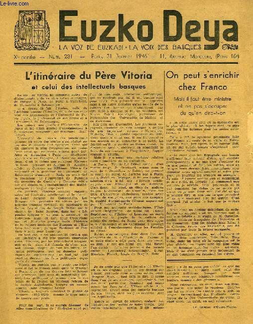 EUZKO DEYA, LA VOZ DE EUZKADI, LA VOIX DES BASQUES, XIe ANNEE, N 231, JAN. 1946