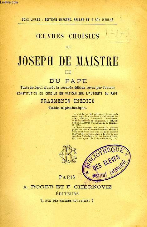 OEUVRES CHOISIES, TOME III, DU PAPE