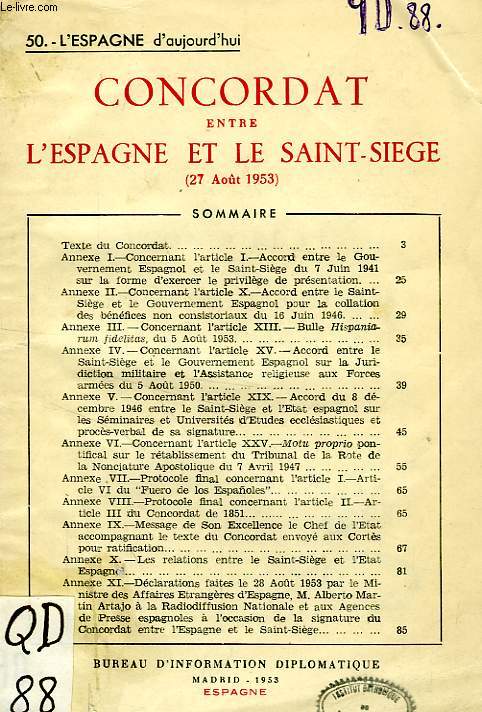 L'ESPAGNE D'AUJOURD'HU, 50, CONCORDAT ENTRE L'ESPAGNE ET LE SAINT SIEGE (27 AOUT 1953)
