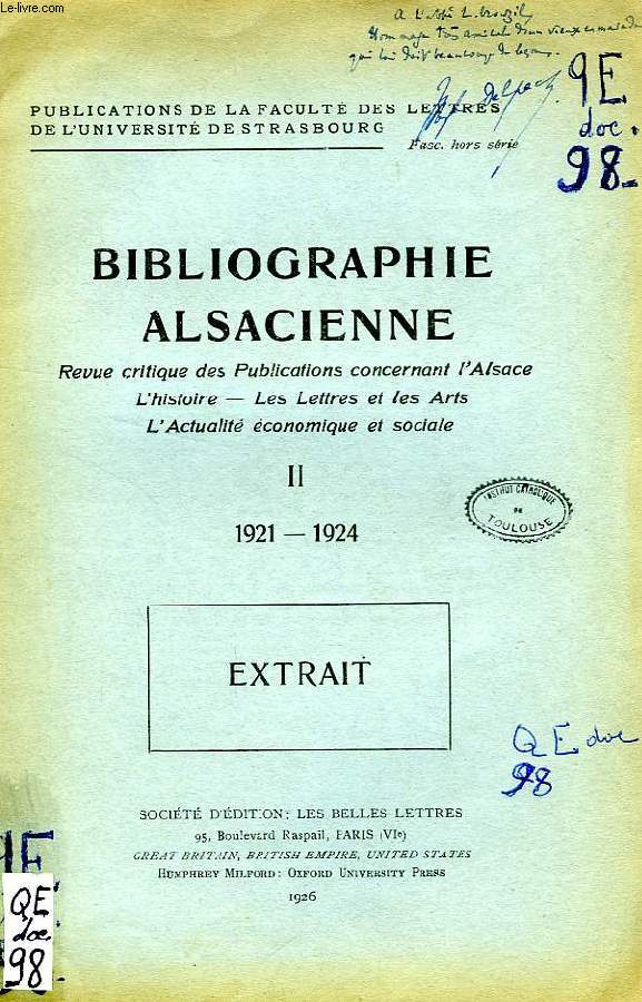 BIBLIOGRAPHIE ALSACIENNE, II, 1921-1924, EXTRAIT, QUESTIONS ADMINISTRATIVES