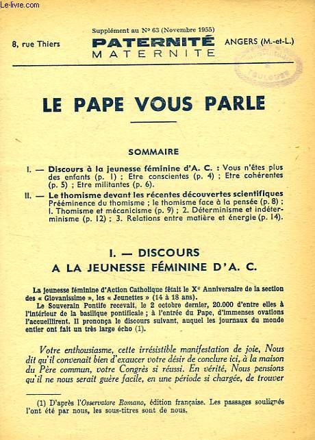 PATERNITE MATERNITE, SUPPLEMENT AU N 63 (NOV. 1955)