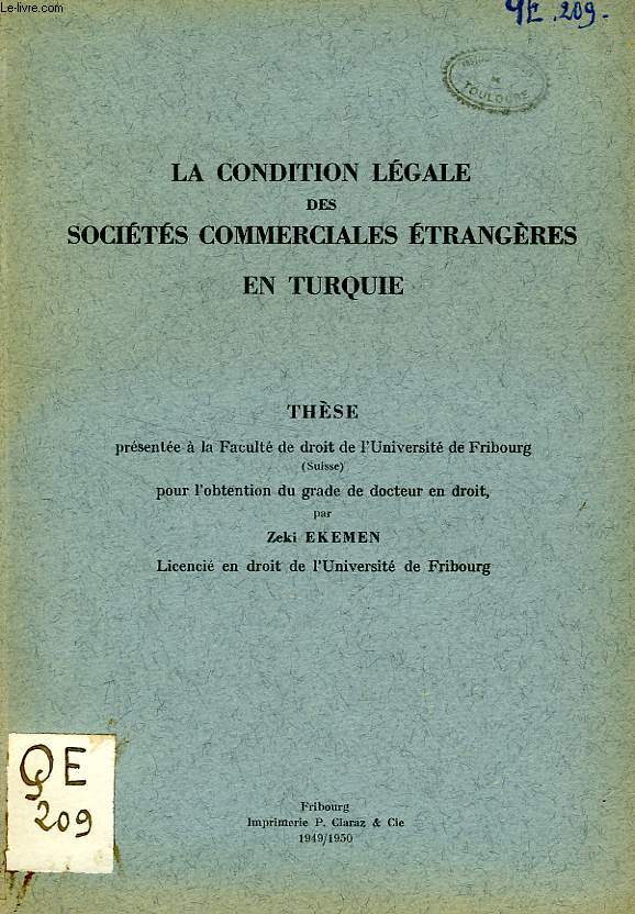 AL CONDITION LEGALE DES SOCIETES COMMERCIALES ETRANGERES EN TURQUIE (THESE)