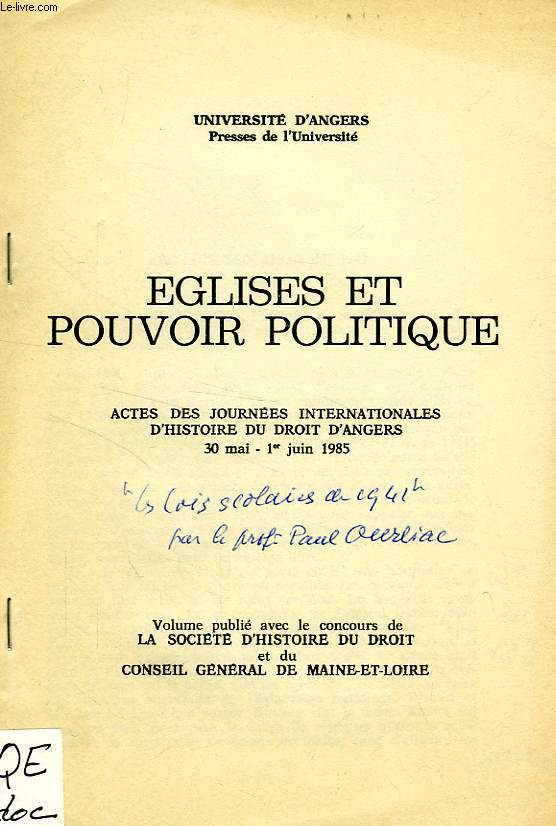 EGLISES ET POUVOIR POLITIQUE, EXTRAIT, LES LOIS SCOLAIRES DE 1941