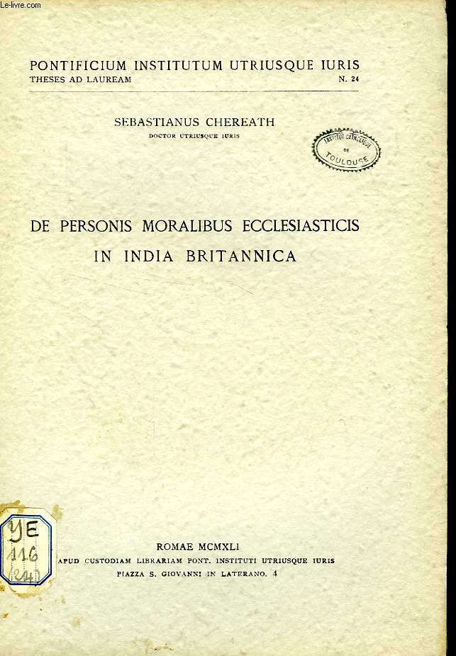 DE PERSONIS MORALIBUS ECCLESIASTICIS IN INDIA BRITANNICA