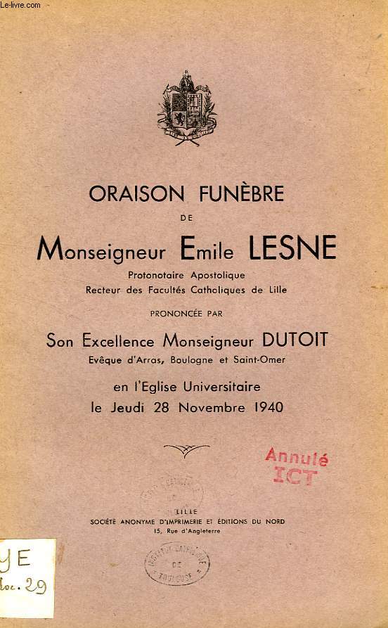 ORAISON FUNEBRE DE MONSEIGNEUR EMILE LESNE