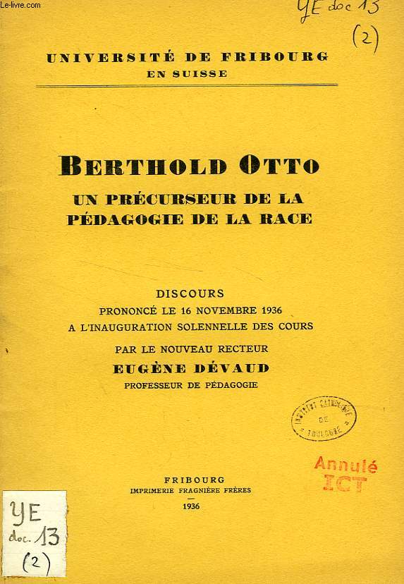 BERTHOLD OTTO, UN PRECURSEUR DE LA PEDAGOGIE DE LA RACE, DISCOURS
