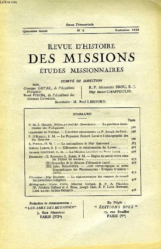 REVUE D'HISTOIRE DES MISSIONS, 15e ANNEE, N 3, SEPT. 1938