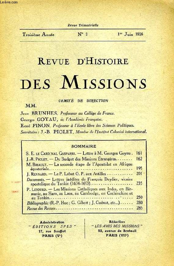REVUE D'HISTOIRE DES MISSIONS, 3e ANNEE, N 2, JUIN 1926