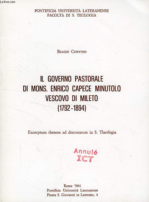IL GOVERNO PASTORALE DI MONS. ENRICO CAPECE MINUTOLO VESCOVO DI MILETO (1792-1894)