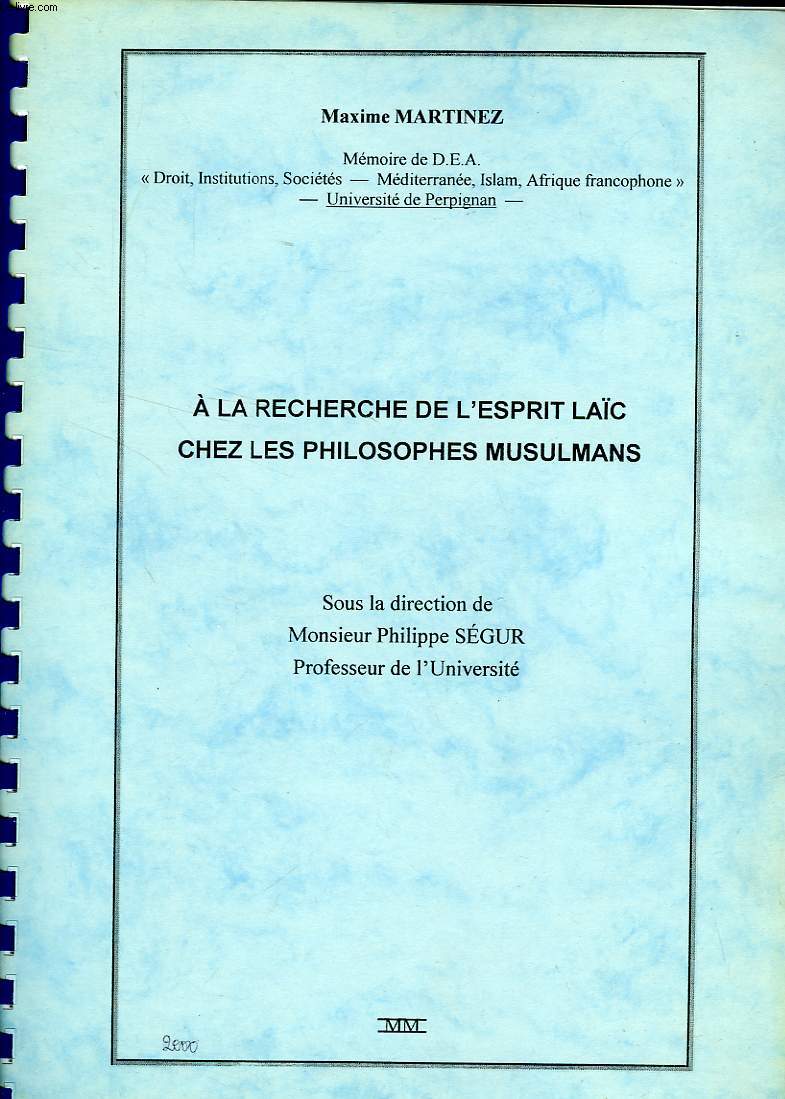A LA RECHERCHE DE L'ESPRIT LAIC CHEZ LES PHILOSOPHES MUSULMANS (MEMOIRE)