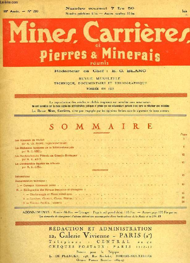 MINES, CARRIERES, ET PIERRES & MINERAIS, 18e ANNEE, N 200, JUIN 1939