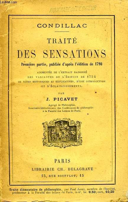 TRAITE DES SENSATIONS, PREMIERE PARTIE D'APRES L'EDITION DE 1798