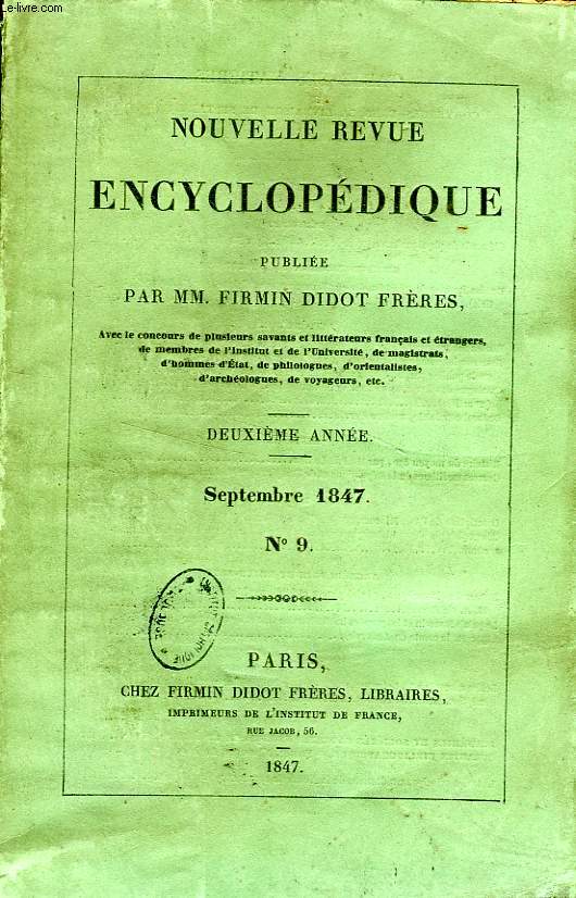 NOUVELLE REVUE ENCYCLOPEDIQUE, PUBLIEE PAR MM. FIRMIN DIDOT FRERES, N 9-12 (TOME V), SEPT.-DEC. 1848