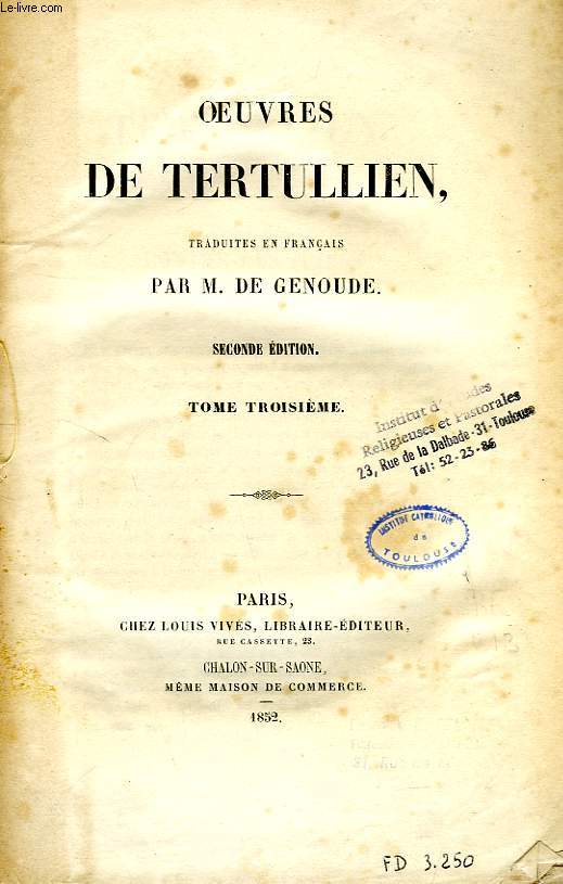 OEUVRES DE TERTULLIEN, TOME III