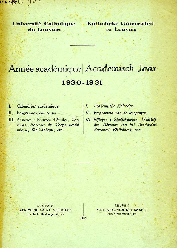 UNIVERSITE CATHOLIQUE DE LOUVAIN, ANNEE ACADEMIQUE 1930-1931