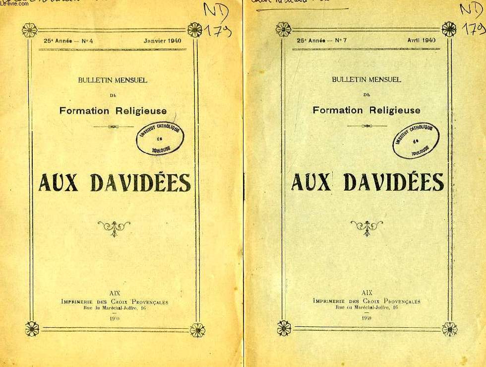 AUX DAVIDEES, N 4-5-7, 1940, BULLETIN MENSUEL DE FORMATION RELIGIEUSE