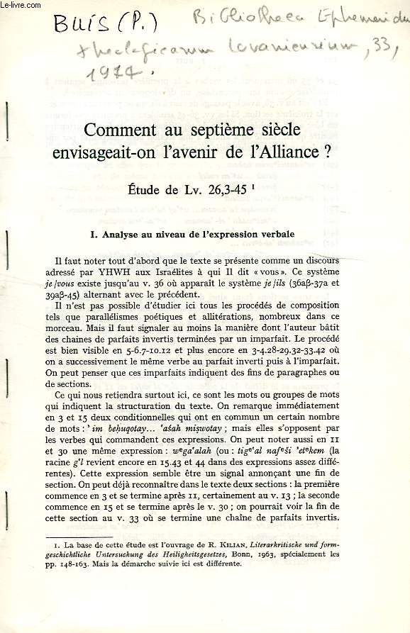 COMMENT AU SEPTIEME SIECLE ENVISAGEAIT-ON L'AVENIR DE L'ALLIANCE ?, ETUDE DE Lv. 26,3-45